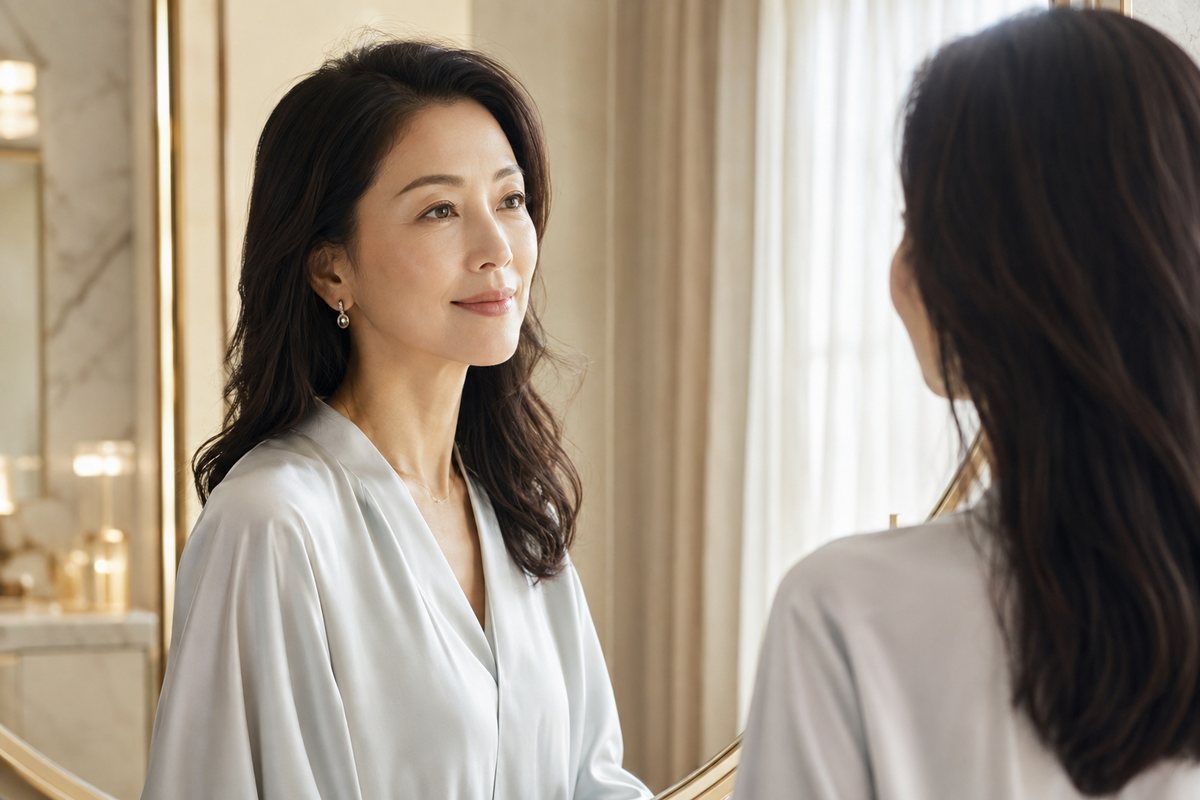 鏡に映る自分を静かに見つめる女性
